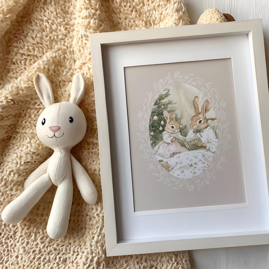 Two Bunnies Reading a Book Together in Bed by Christmas Tree Poster - Image 5