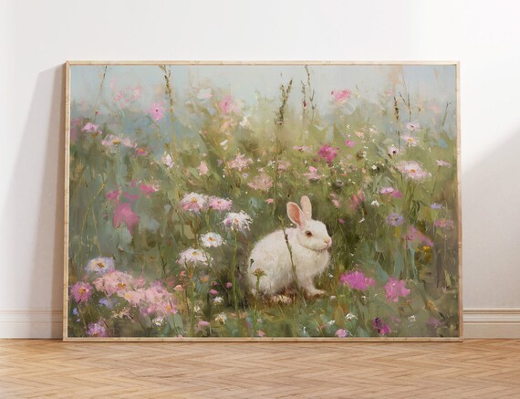 White Bunny in Wildflower Meadow Impressionist Animal Poster