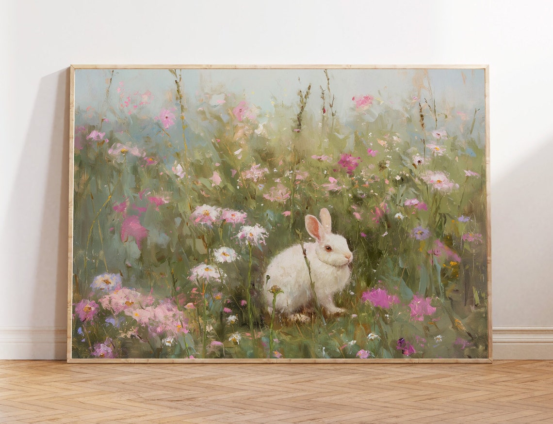 White Bunny in Wildflower Meadow Impressionist Animal Poster