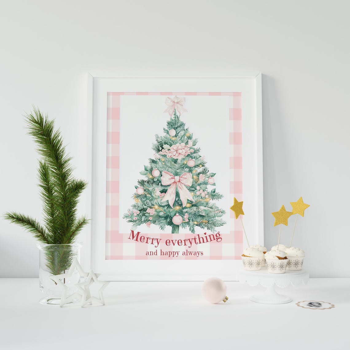 Pink Bow Christmas Tree Merry Everything Text on Pink Gingham Poster - Image 5