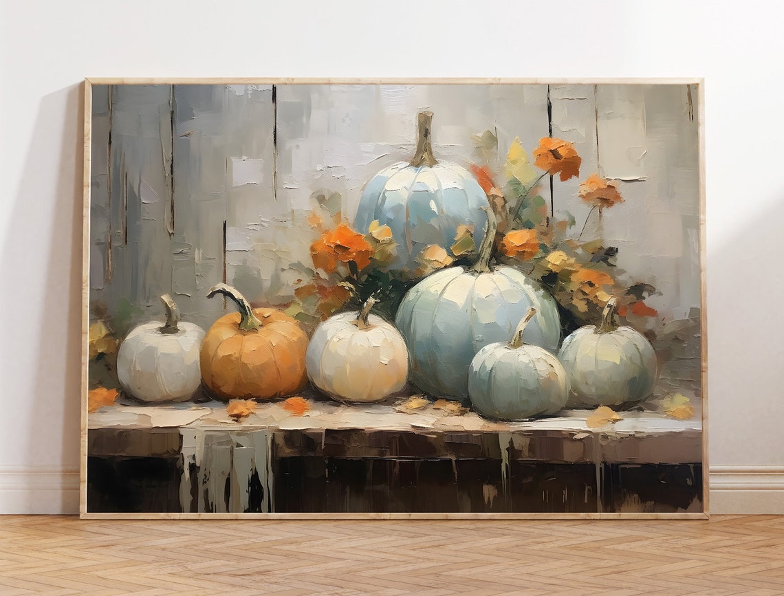 Blue and White Pumpkins with Bright Fall Flowers Autumn Wall Art