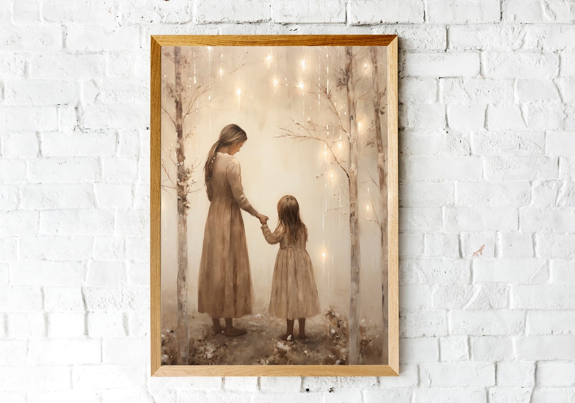 Vintage Style Mother Daughter Painting Mother And Daughter Art Girl Bedroom Wall Art Nostalgic Charm Moody Print Nursery Art - Image 2