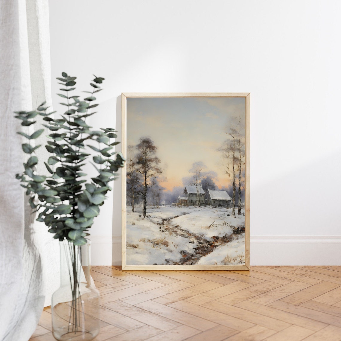 Snowy Farmhouse with Birch Trees Under Pink Winter Sunset Poster - Image 3