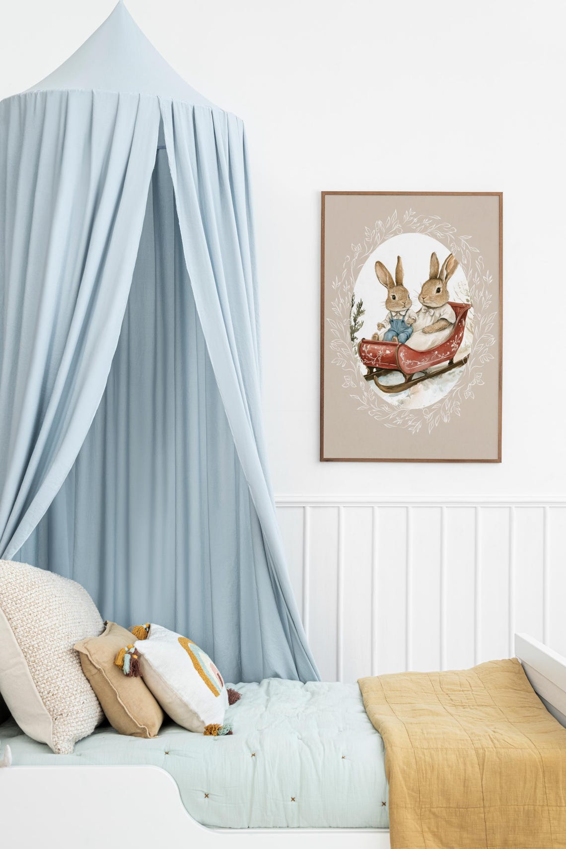 Two Cute Bunnies Riding a Red Sleigh in Snowy Winter Scene Poster - Image 4