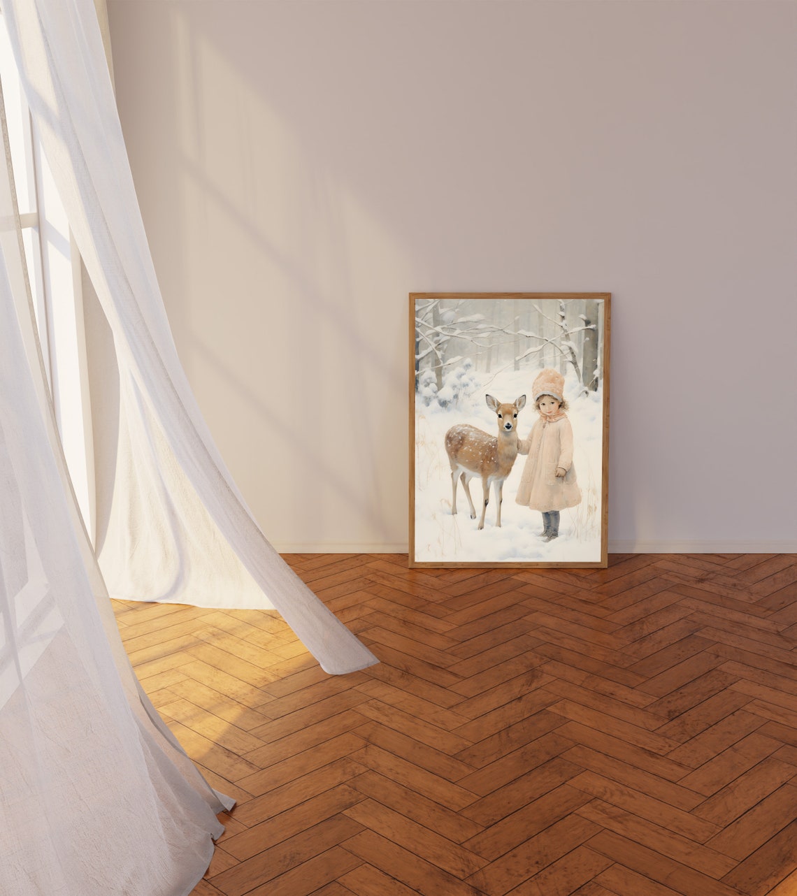 Girl With Deer Winter Illustration Christmas Nursery Wall Art Baby Deer Painting Christmas Nursery Room Decor Woodland Animal Art - Image 5