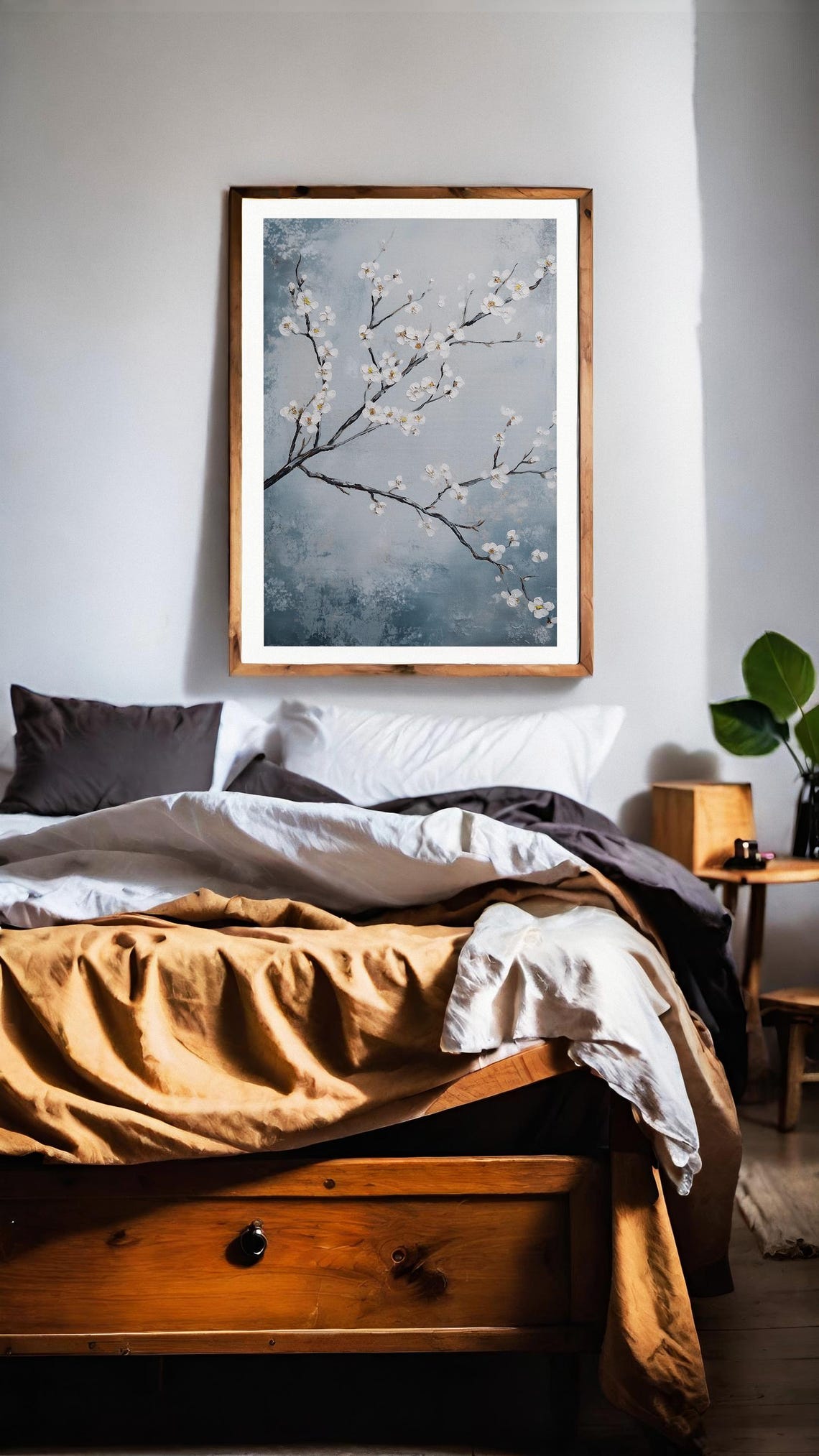 White Cherry Blossom Branches Blue Gray Japandi Home Decor Poster - Image 5