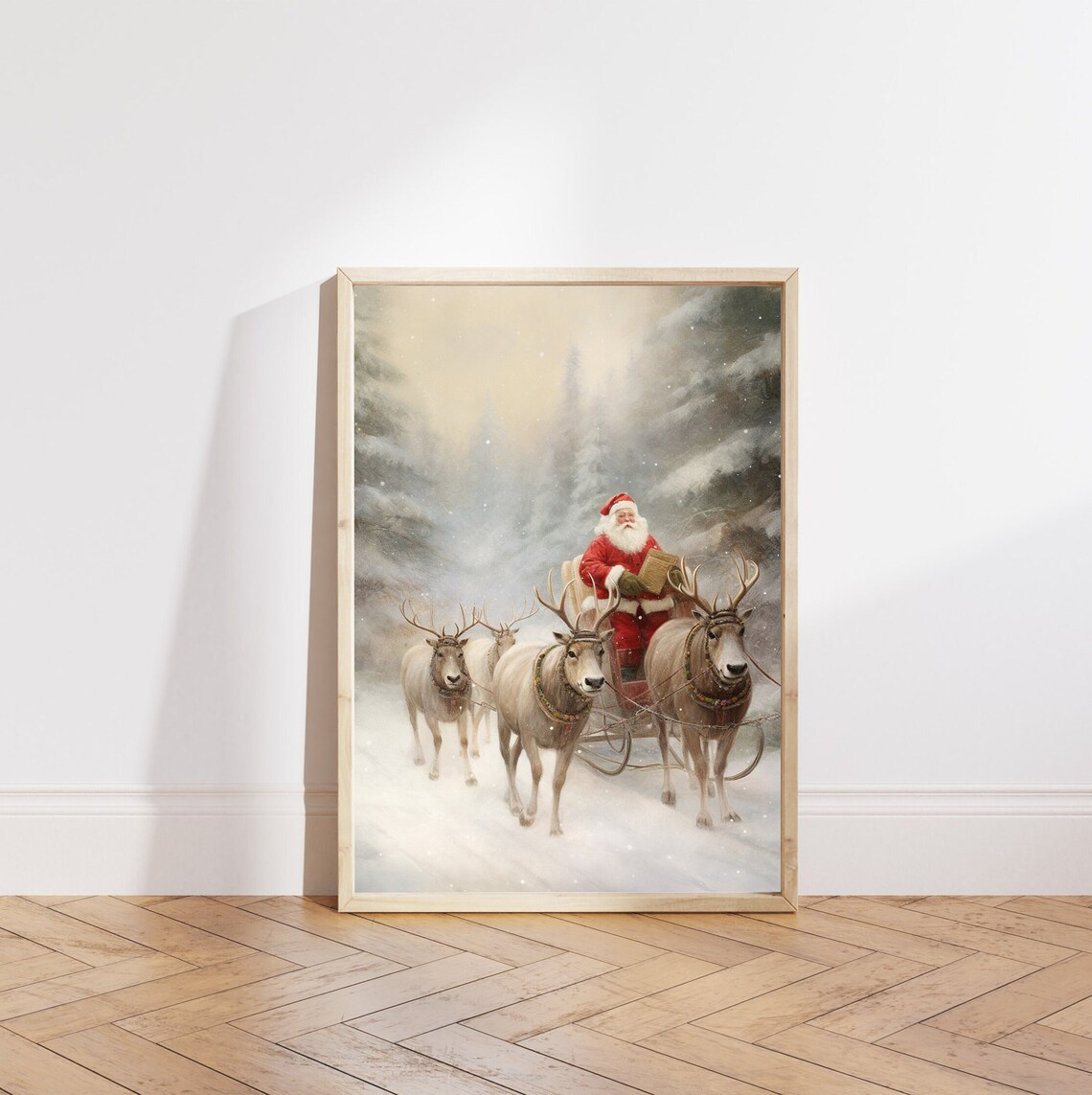 Santa Claus Reading Letter in Reindeer Sleigh Snowy Forest Poster - Image 5