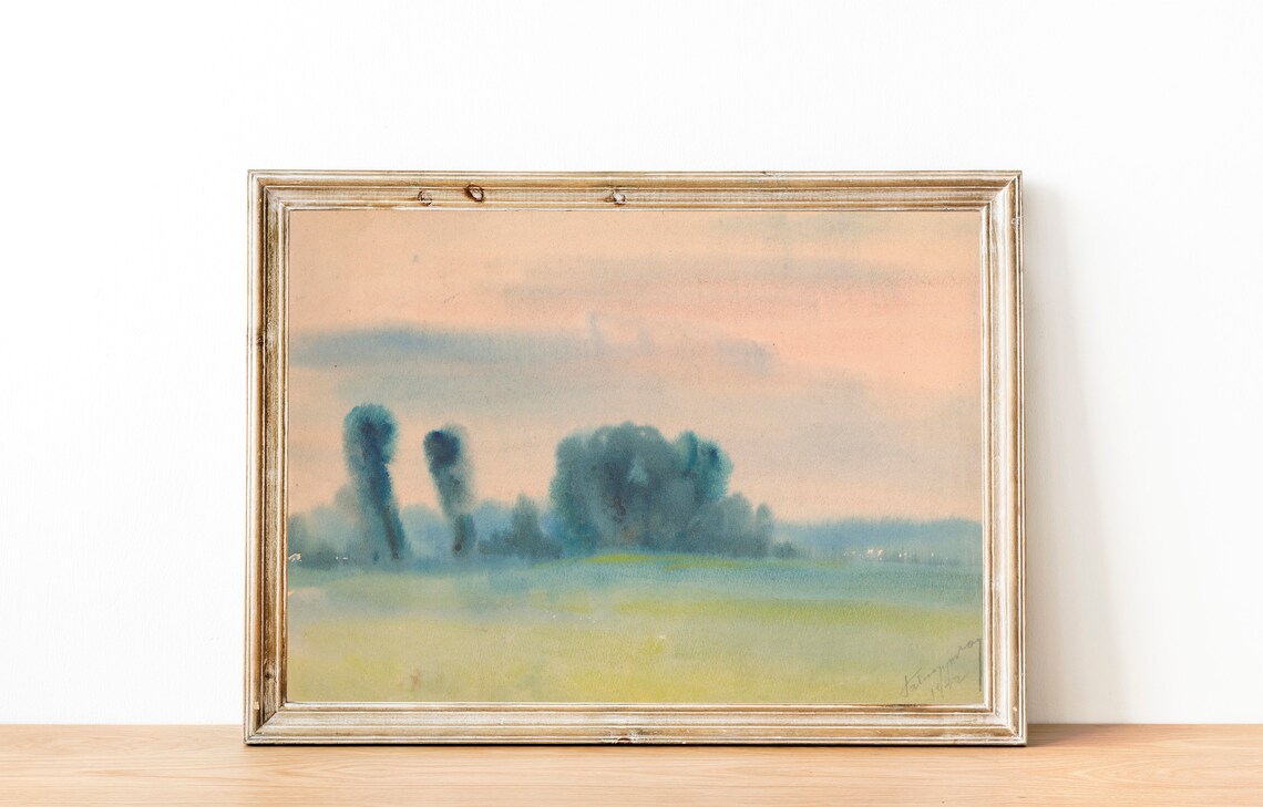 Misty Watercolor Trees Painting Minimalist Blue Green Landscape Poster - Image 3