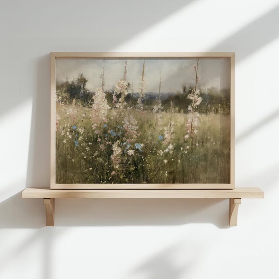 Moody Landscape Print Vintage Art Wildflower Painting Dark Pastoral Landscape Print Antique Scenery Home Decor Farmhouse Art