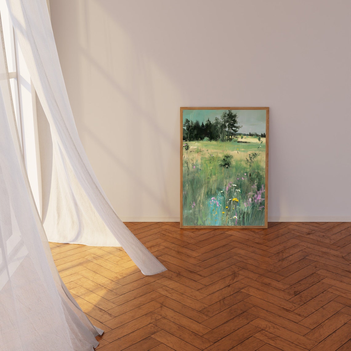 Spring Meadow Painting Wildflowers Pine Forest Hazy Pastel Art Poster - Image 3