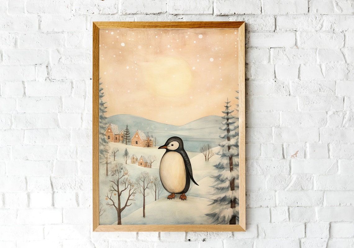 Cute Penguin in Snowy Village Moonlit Winter Watercolor Poster - Image 2
