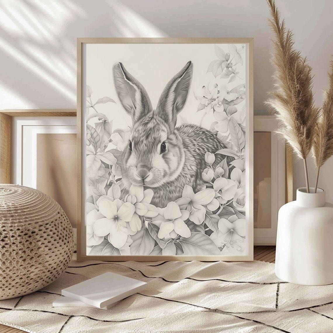 Grayscale Rabbit Among Sketched Blooms Baby Nursery Wall Art - Image 5