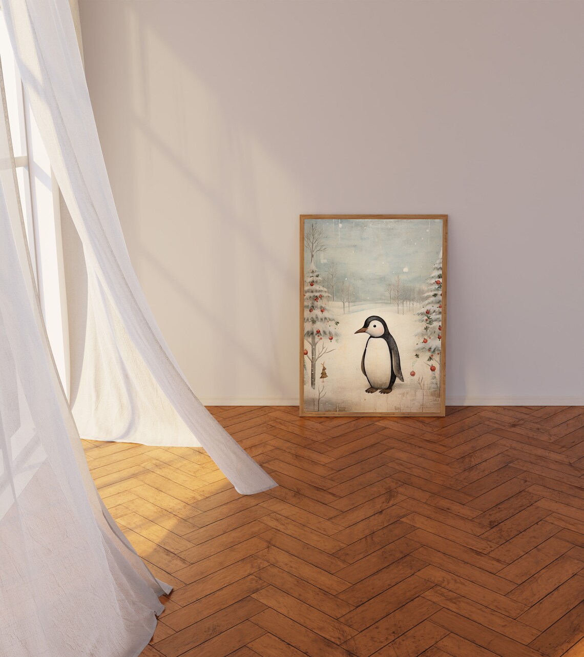 Cute Penguin among Snowy Berry Trees Vintage Winter Scene Poster - Image 3
