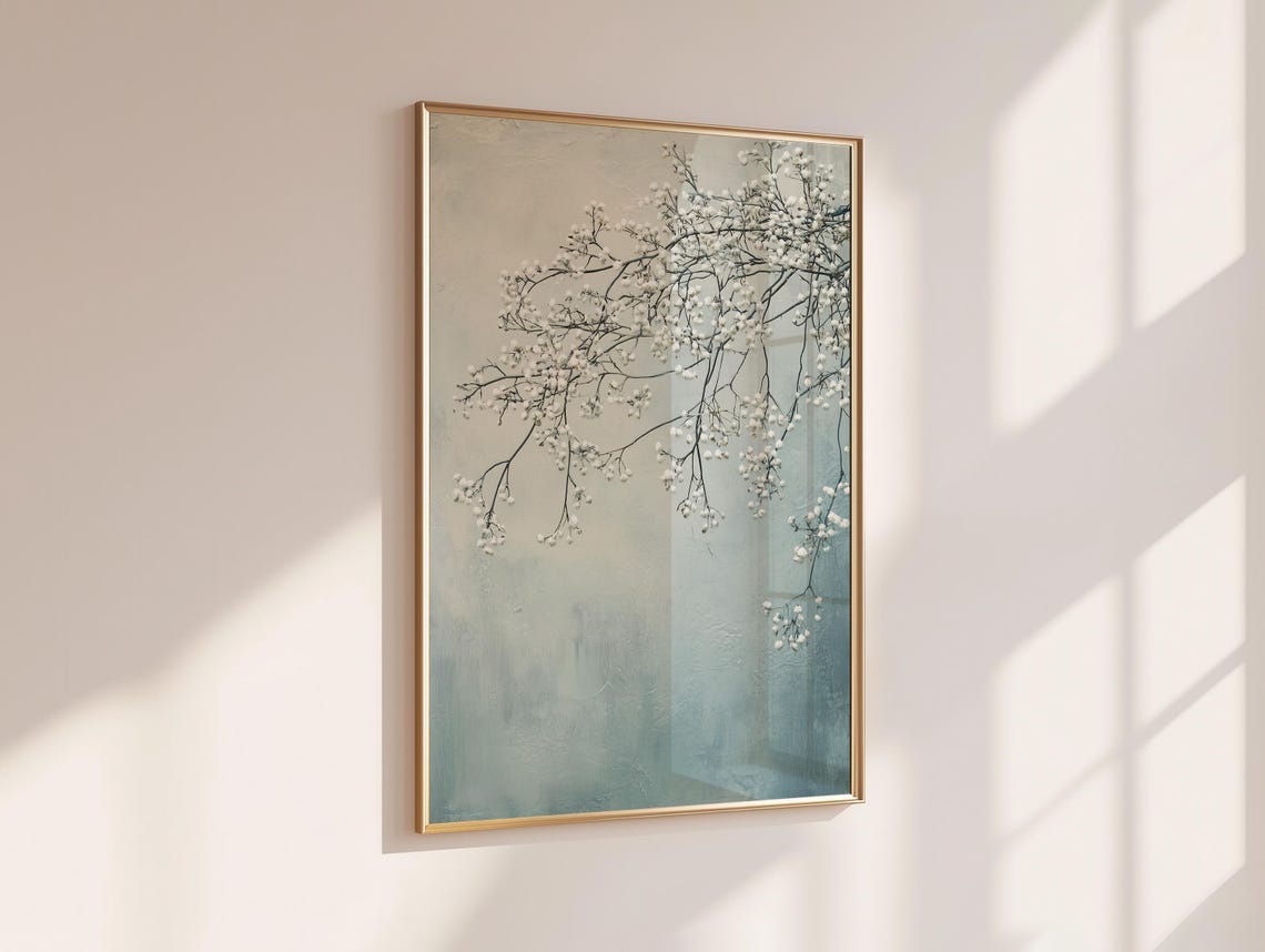 White Blossom Branches Misty Pale Blue Minimalist Home Decor Poster - Image 6