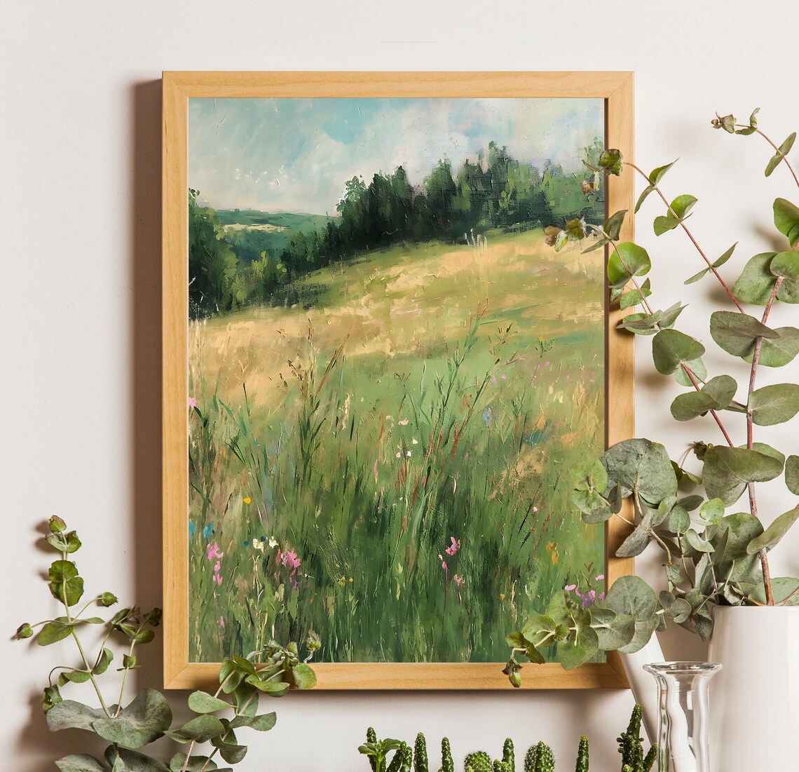 Wildflower Field Landscape Oil Painting Vintage Landscape Art Print Country Field Wall Art Summer Meadow Art