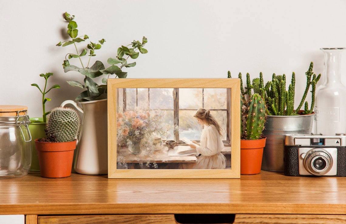 Woman Reading by a Sunlit Window with Flowers in Cozy Style Wall Art - Image 2
