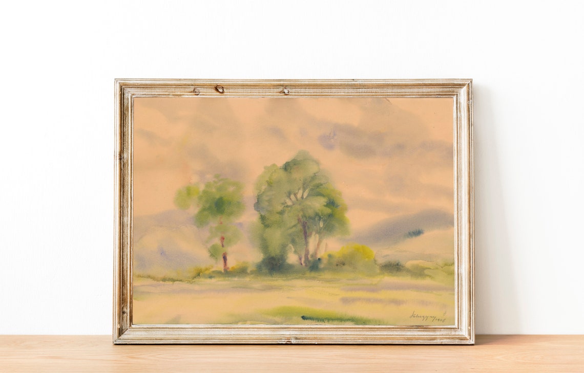 Green Trees Watercolor Painting Misty Meadow Minimalist Art Poster - Image 3