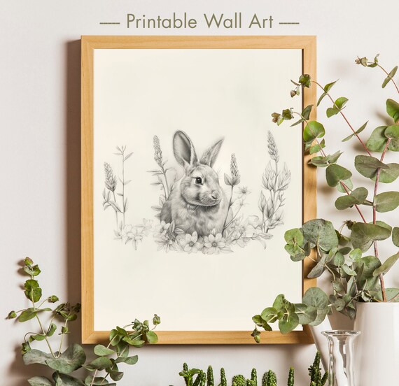 Small Bunny in Sketched Wildflowers Minimalist Nursery Wall Art