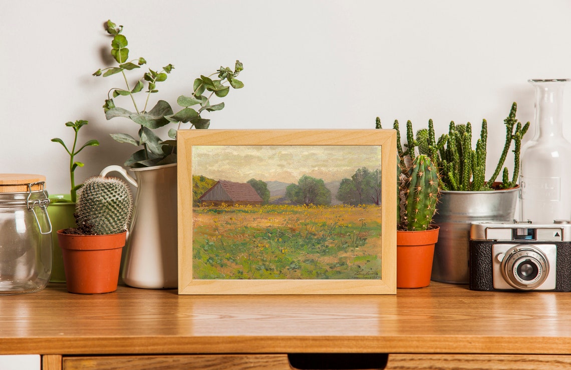 Rustic Barn Among Yellow Wildflowers Vintage Farm Painting Poster - Image 2