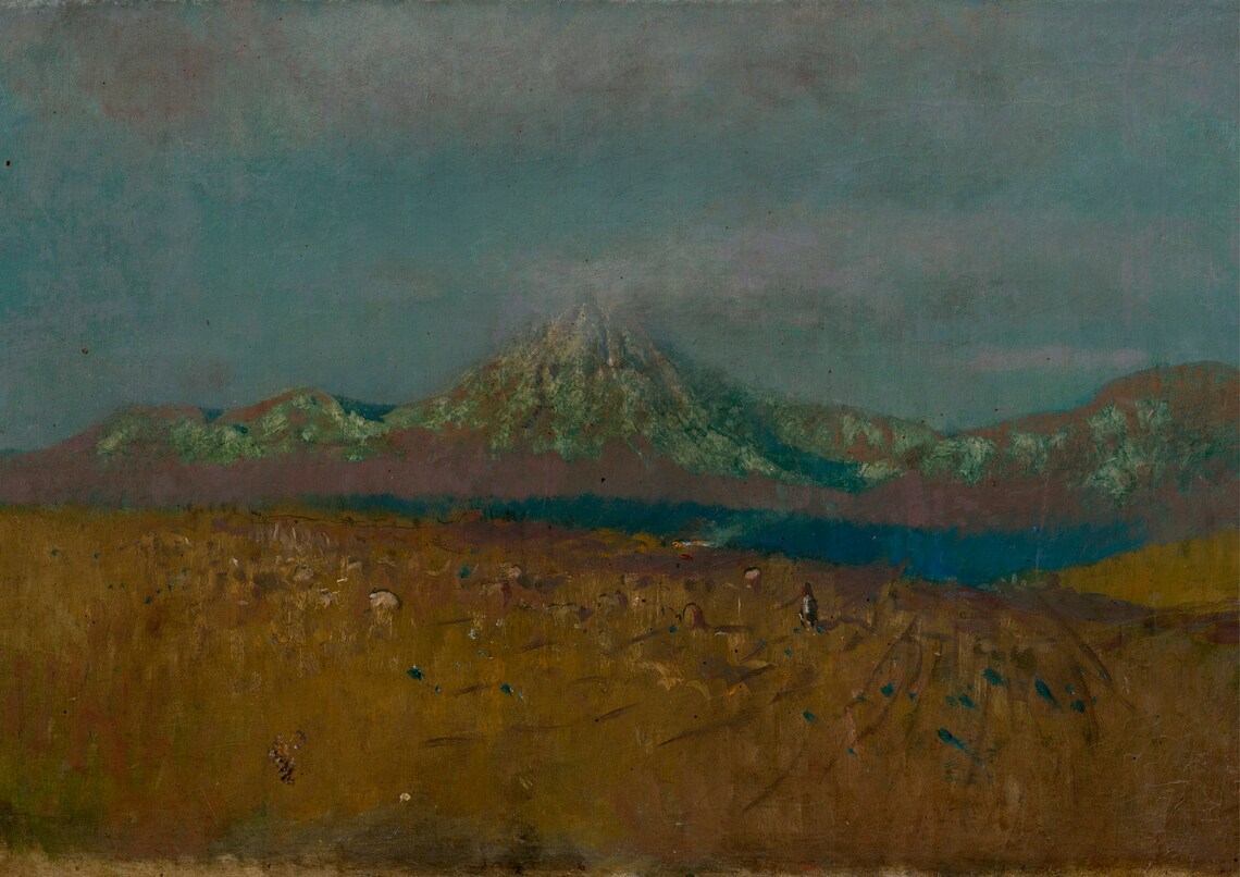 Muted Dark Mountain Over Golden Field Antique Tonal Painting Poster - Image 5