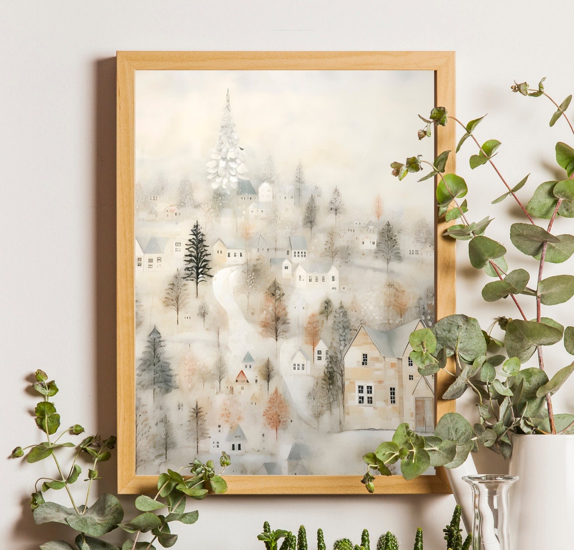 Dreamy Snowy Village with White Church Tower Pastel Watercolor Poster