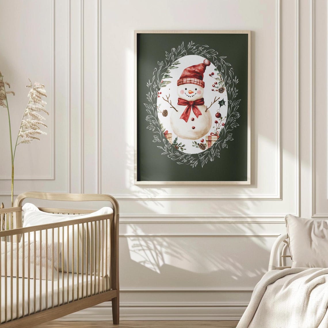 Cute Watercolor Snowman in Red Hat Inside Botanical Oval Frame Poster - Image 4