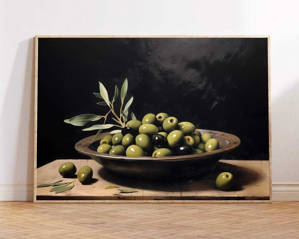Green Olives in a Rustic Metal Bowl Moody Dark Kitchen Wall Art