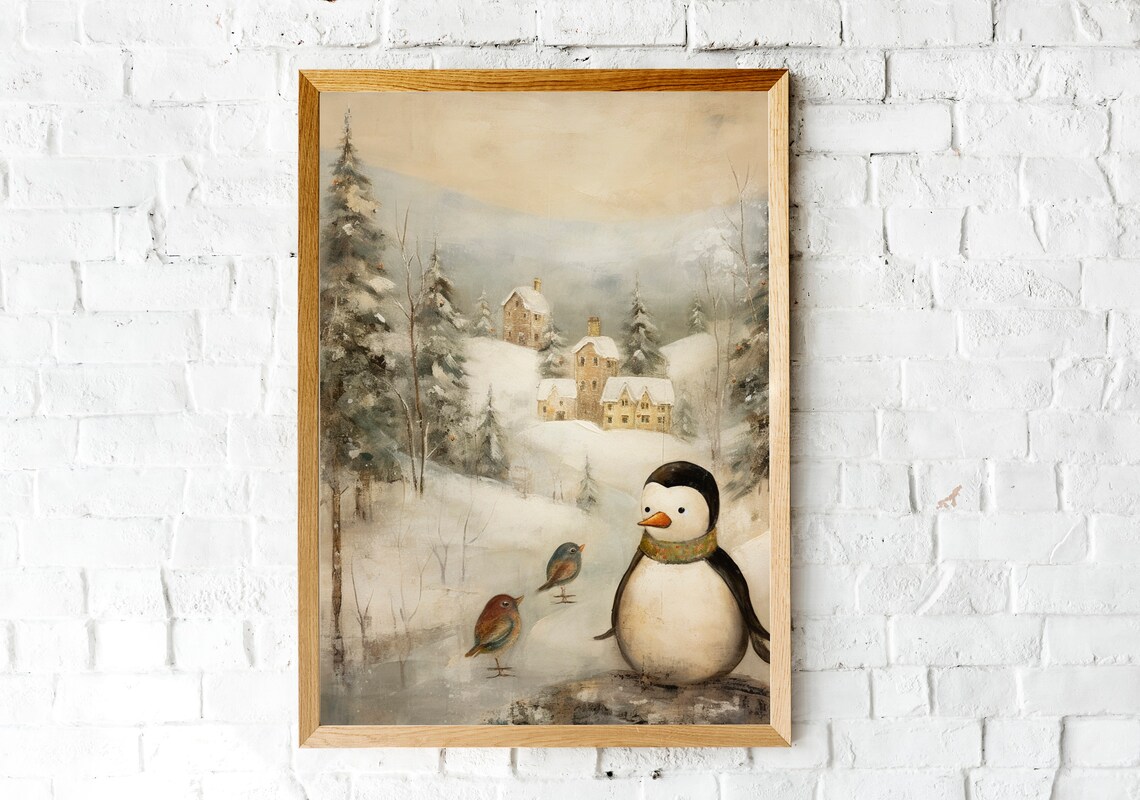Penguin with Birds in Snowy Cottage Village Winter Art Poster - Image 2