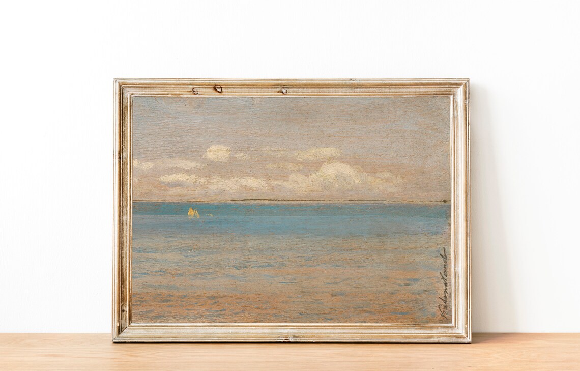 Minimal Neutral Seascape Tiny Sailboats Vintage Coastal Painting Poster - Image 3