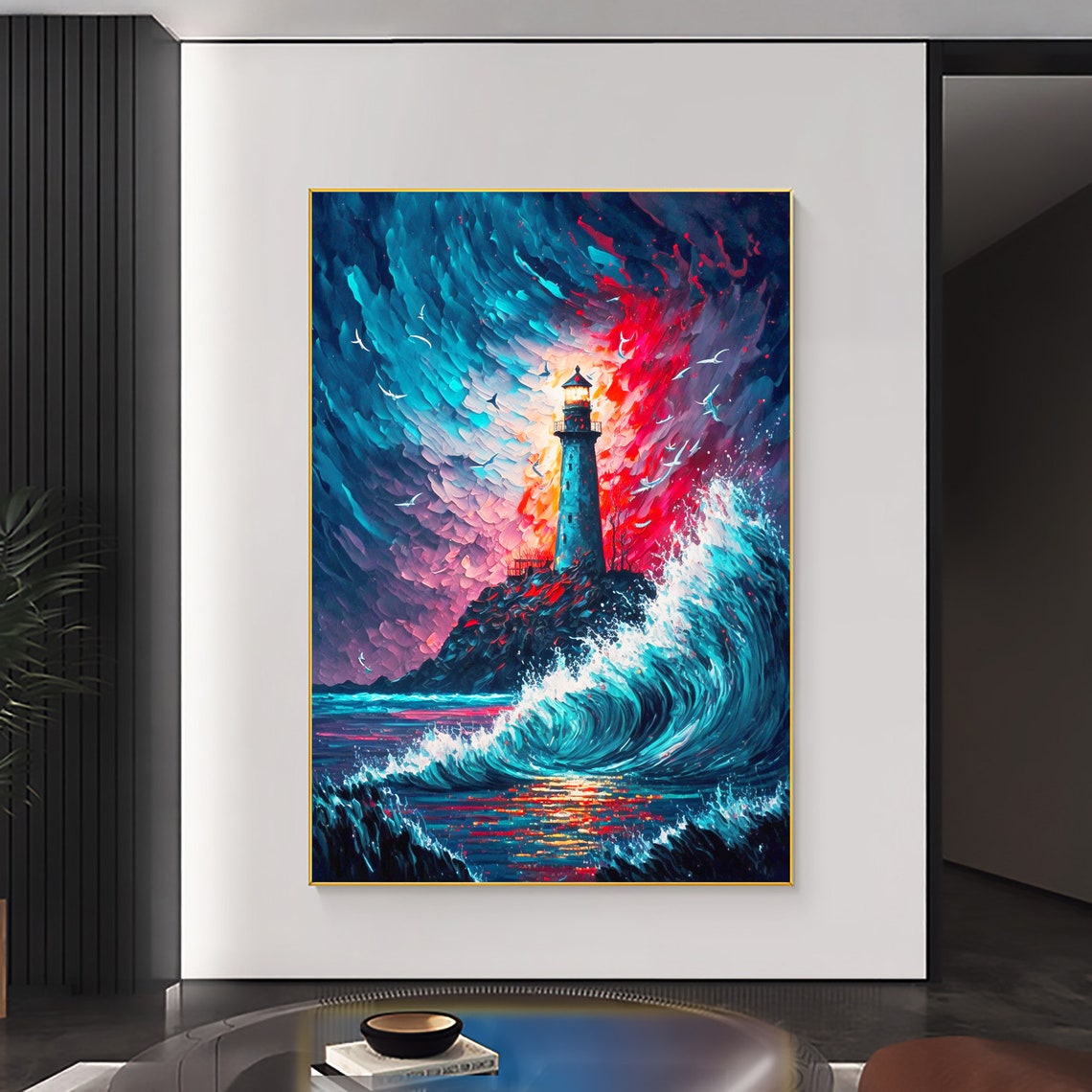 Lighthouse Against a Crashing Teal Wave Storm Oil Painting Poster - Image 4