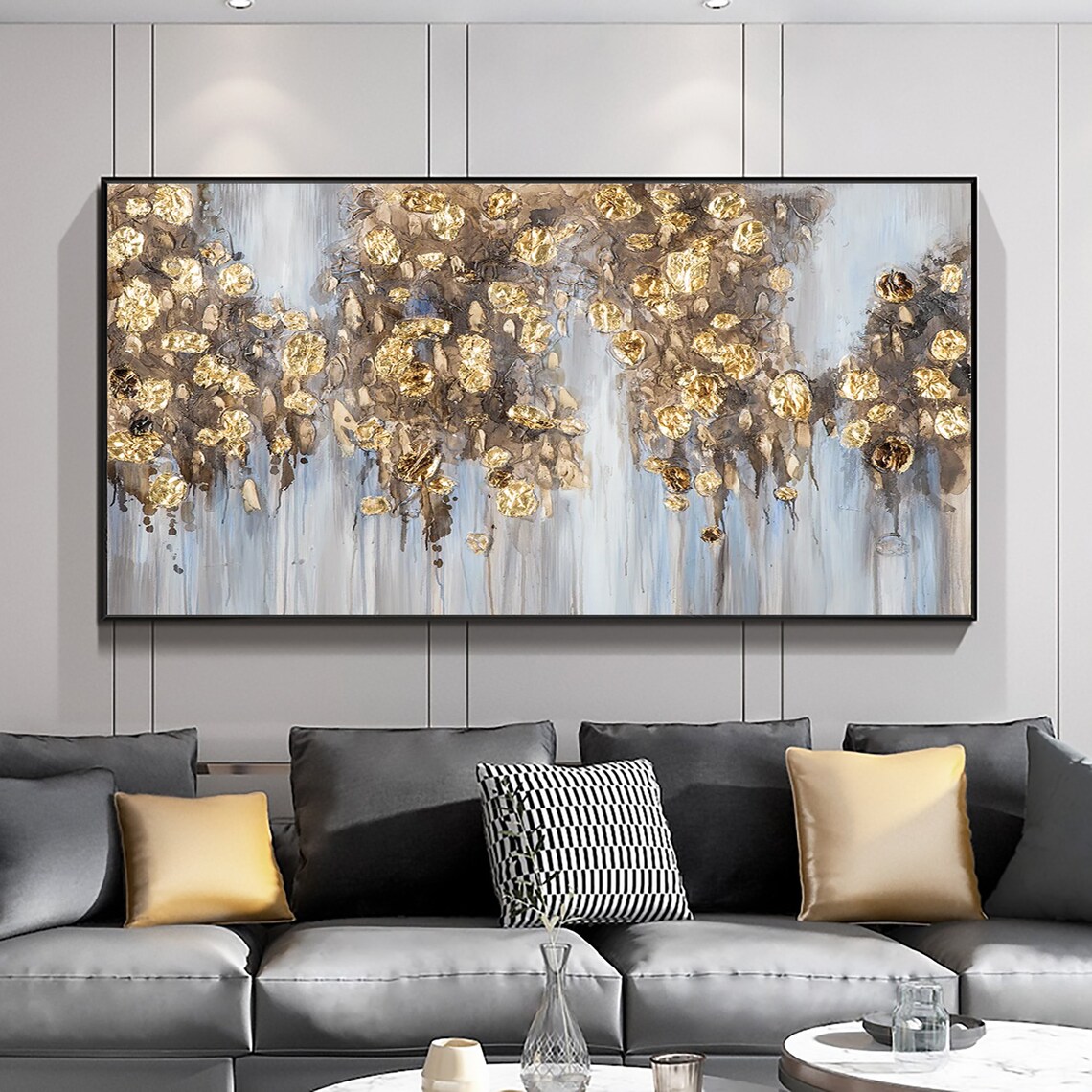 Gold Leaf Rain Abstract on Gray Textured Oil Painting Poster - Image 5