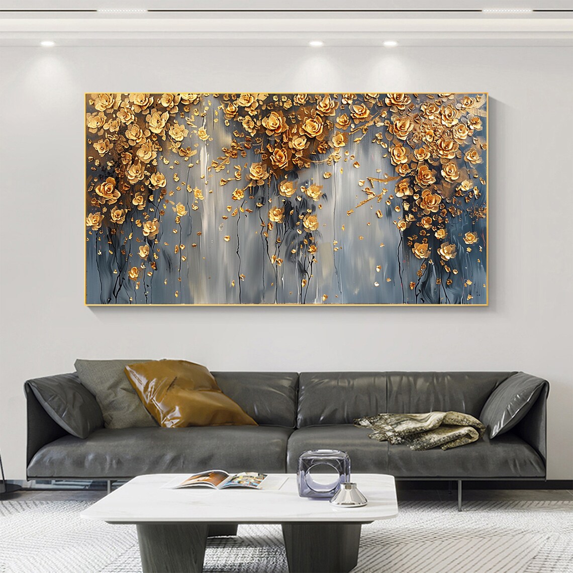 Custom Abstract Gold Flower Oil Painting, Boho Art Print - Image 2