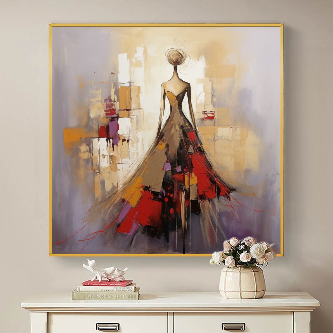 Elegant Woman Flowing Red Dress Abstract City Back View Poster - Image 2