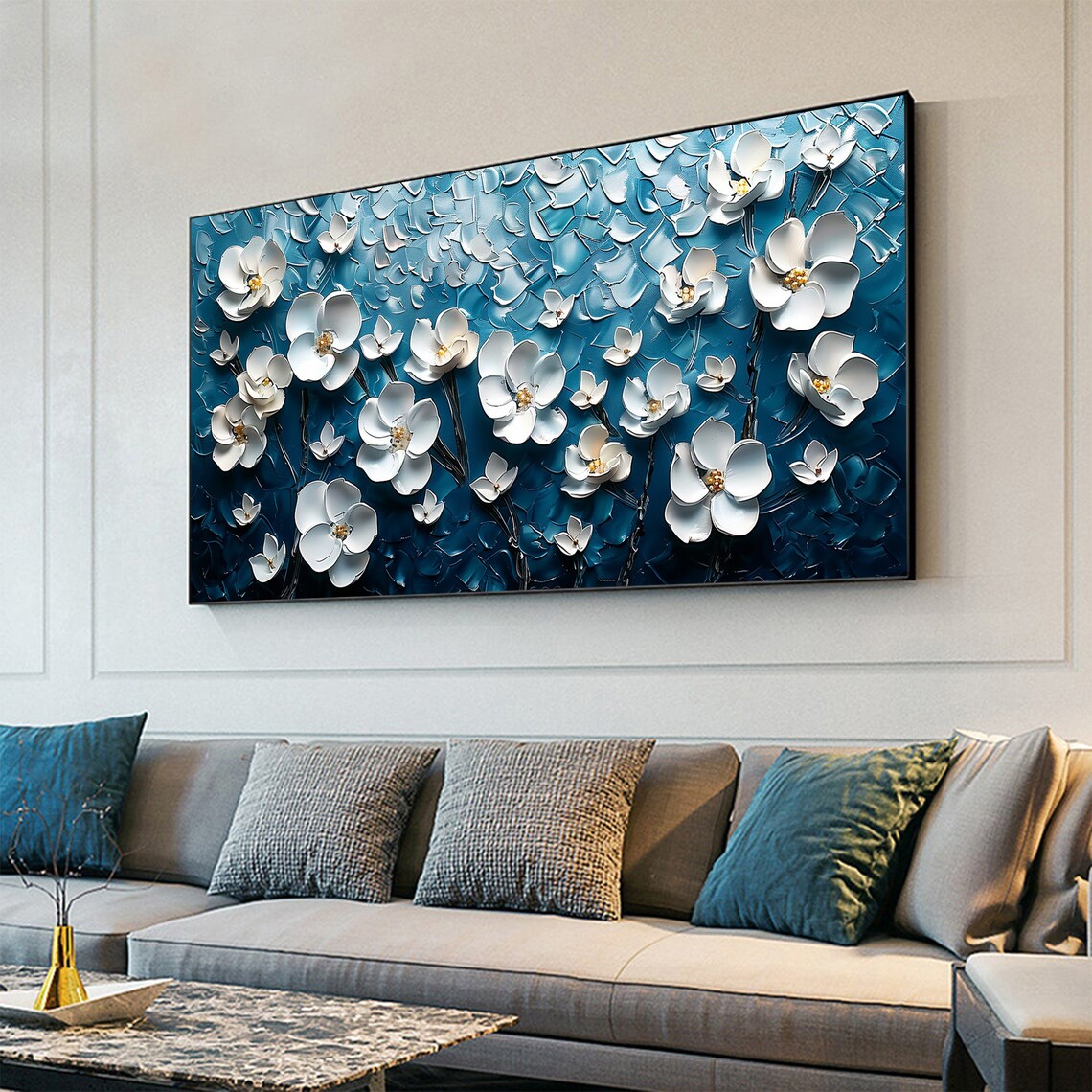 White Blossoms on Navy Blue 3D Textured Floral Oil Painting Poster - Image 7