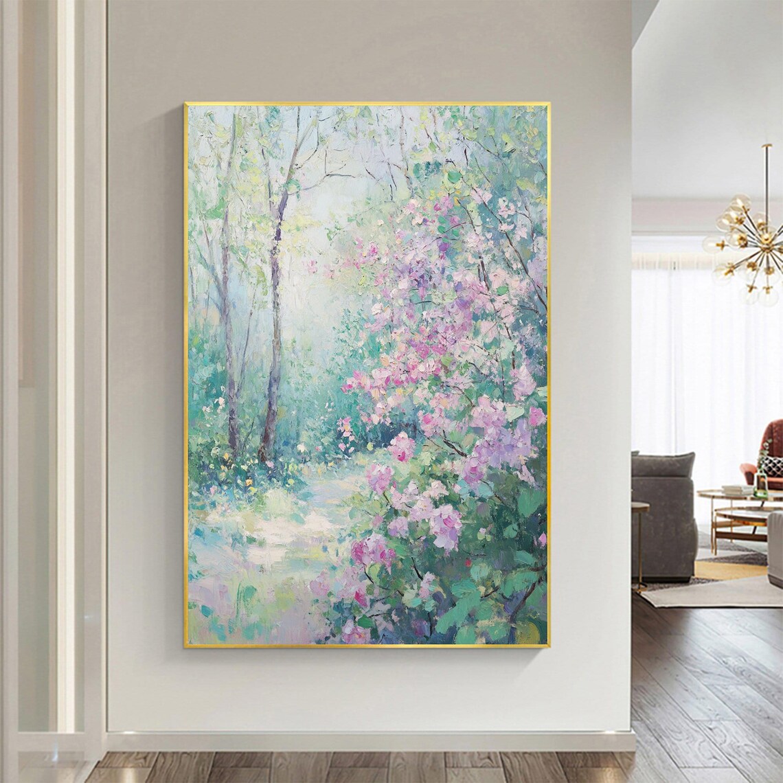 Misty Garden Path With Pink Flowering Bushes Oil Painting Poster - Image 7