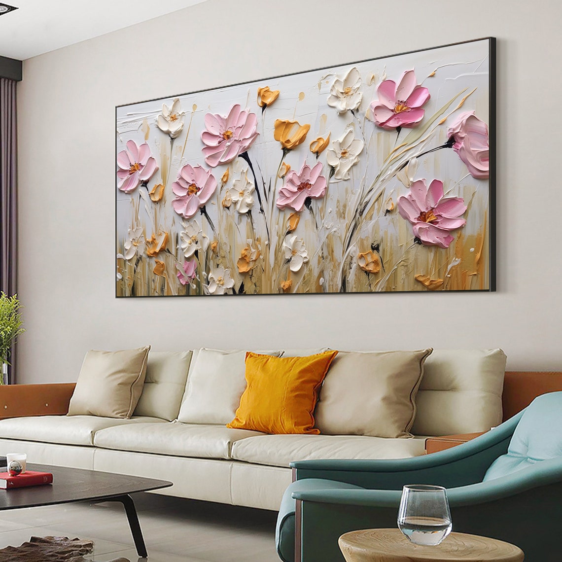 Pink White Blooming Flowers Golden Foliage Impasto Field Poster - Image 4