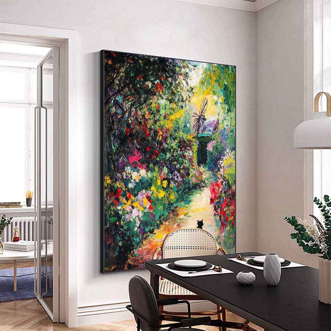 Black Cat on a Flower Garden Path Impressionist Oil Painting Poster - Image 8