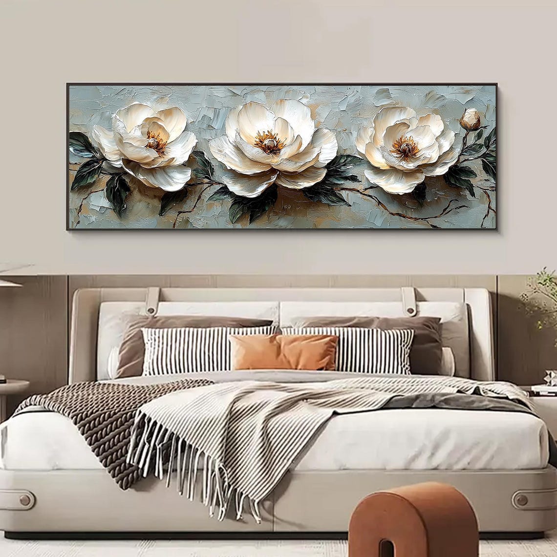 Three White Peonies Textured Horizontal Floral Oil Painting Poster - Image 3