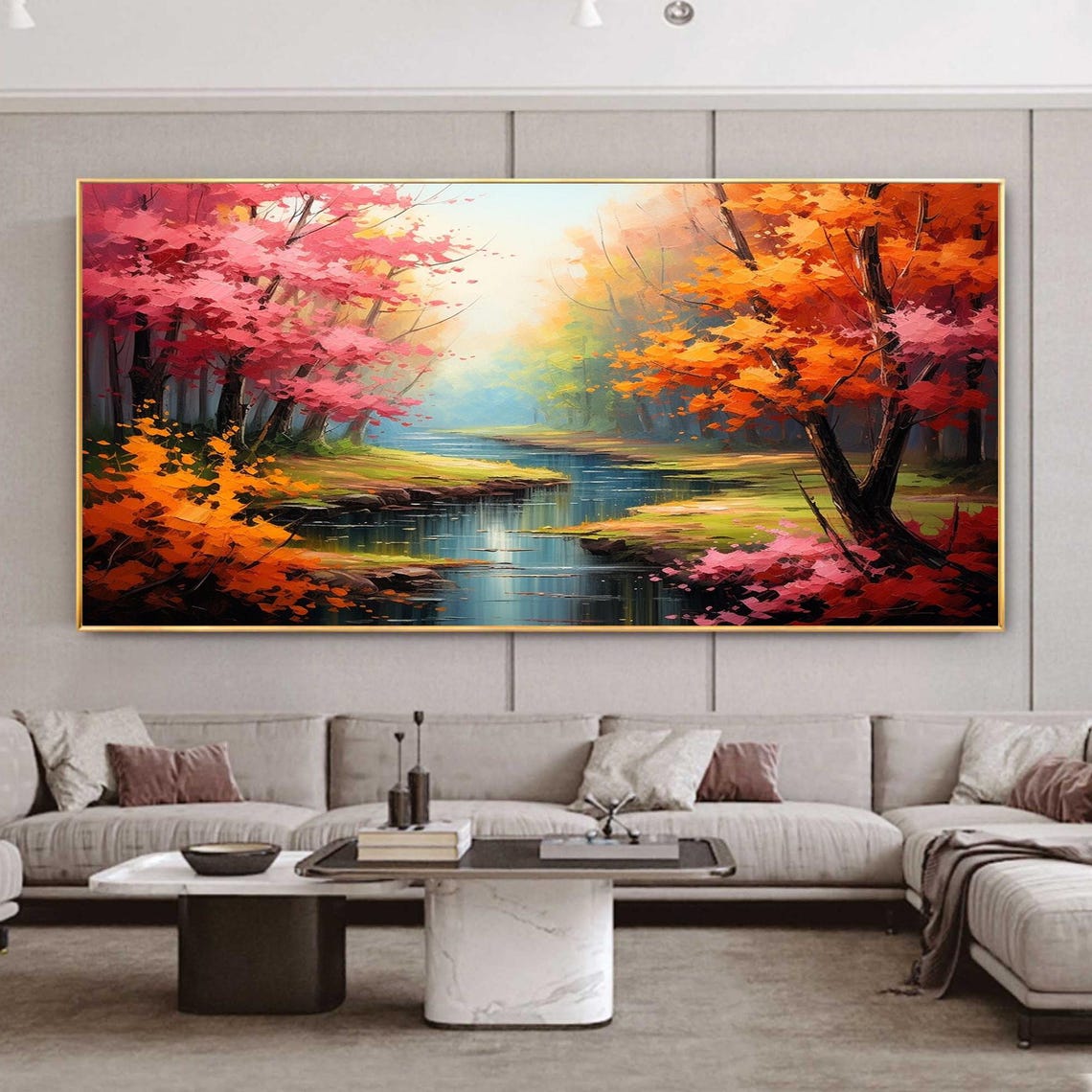 Calm River Red Orange Trees Forest Reflection Landscape Poster - Image 8