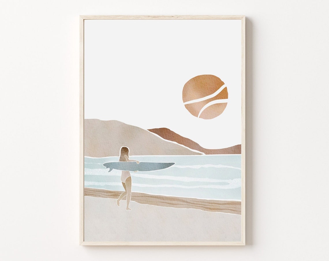 Surfer Girl Boho Seascape Minimalist Sun Surf Painting Poster