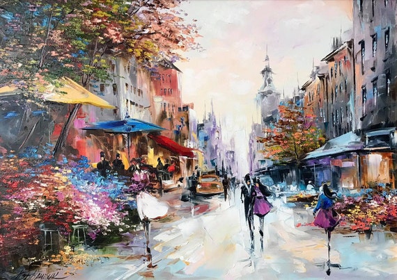 Paris City Street Oil Painting Art Print, France Cafe Scene