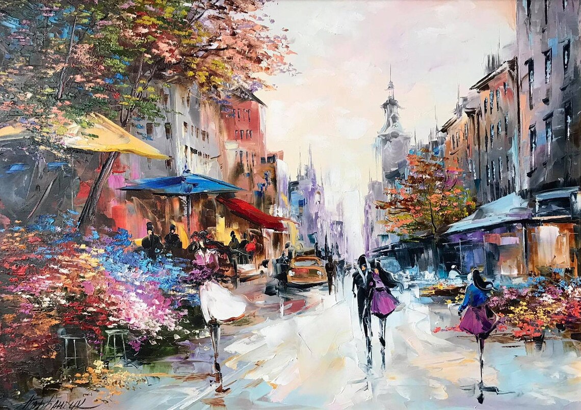Paris City Street Oil Painting Art Print, France Cafe Scene