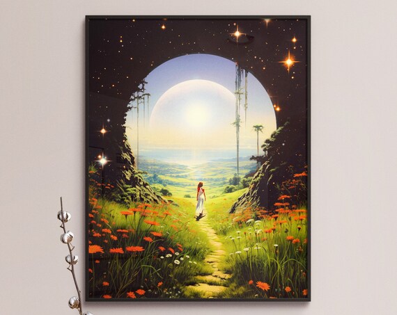Woman Walking Flower Meadow Toward Giant Glowing Planet Portal Poster