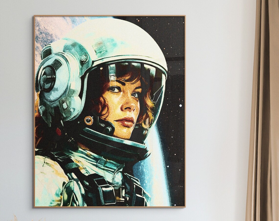 Astronaut Woman Portrait in Helmet Retro Futurism Space Art Poster - Image 2
