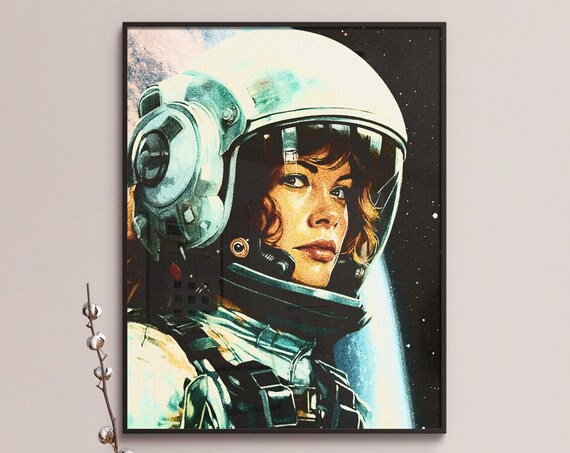 Astronaut Woman Portrait in Helmet Retro Futurism Space Art Poster