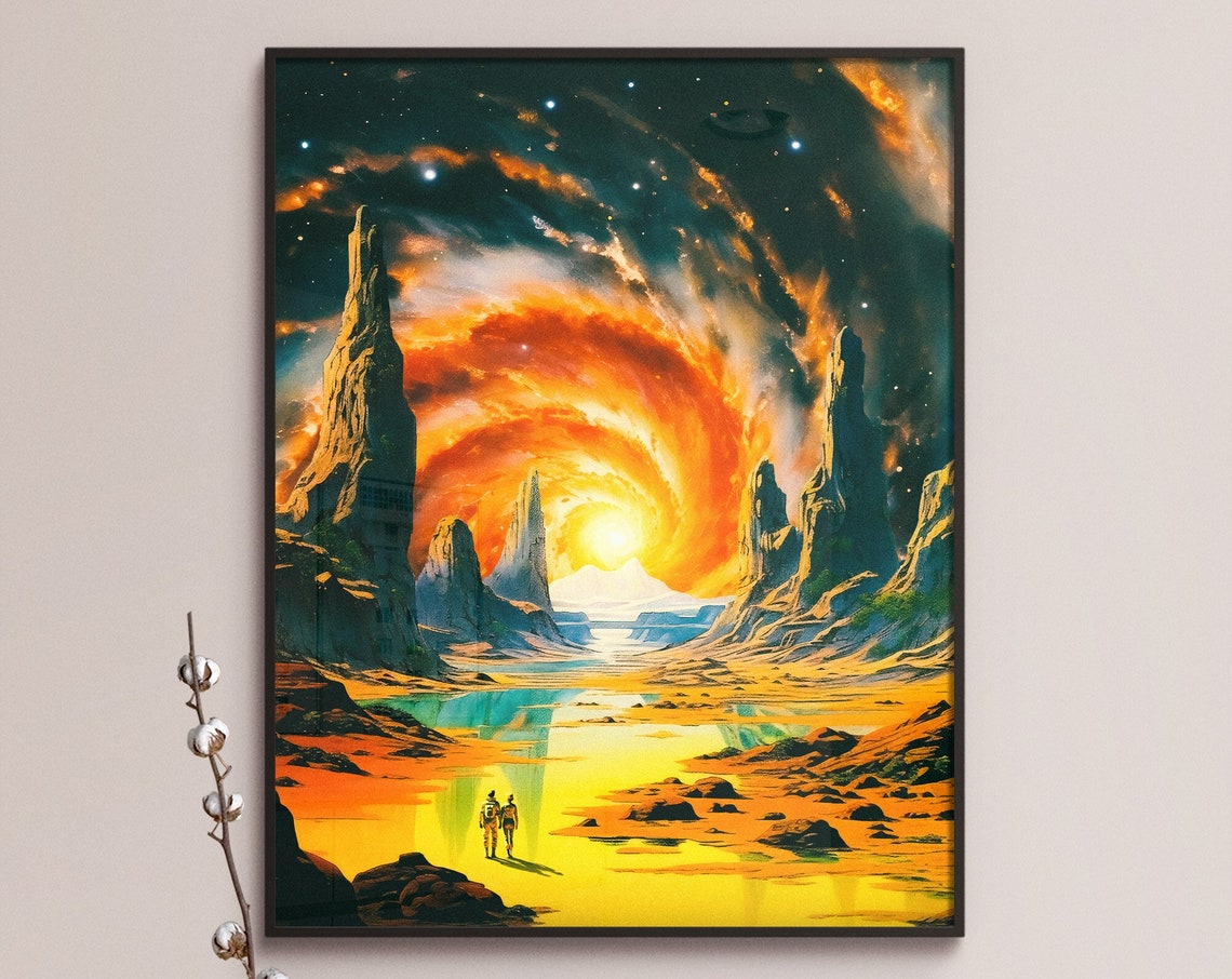 Two Astronauts on Alien World Under Swirling Orange Vortex Sky Poster