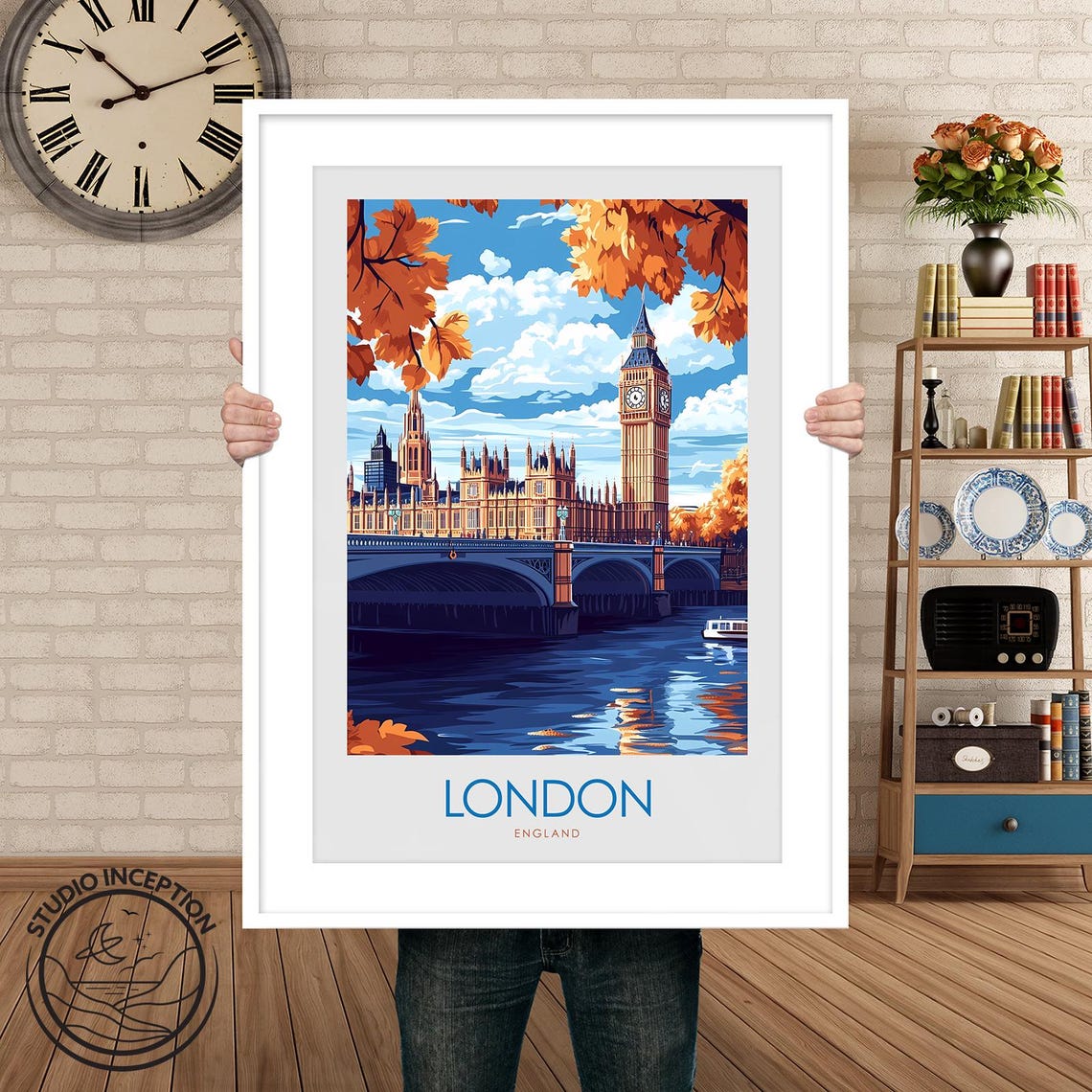 London Big Ben Westminster Bridge Autumn Vintage Travel Poster - Image 3
