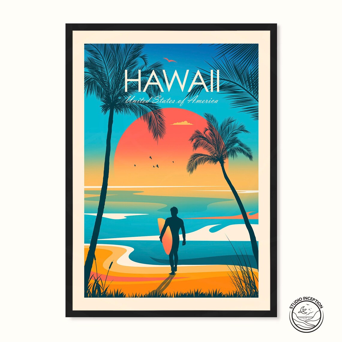 Hawaii Travel Print, Waikiki Surfing Poster