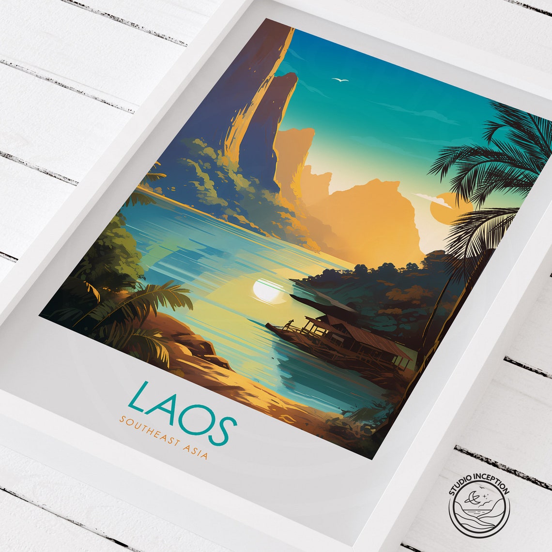 Laos Southeast Asia Karst Mountain River Village Sunset Poster - Image 2