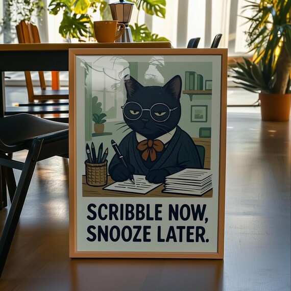 Paperwork Cat Poster, Cozy Home Office Decor